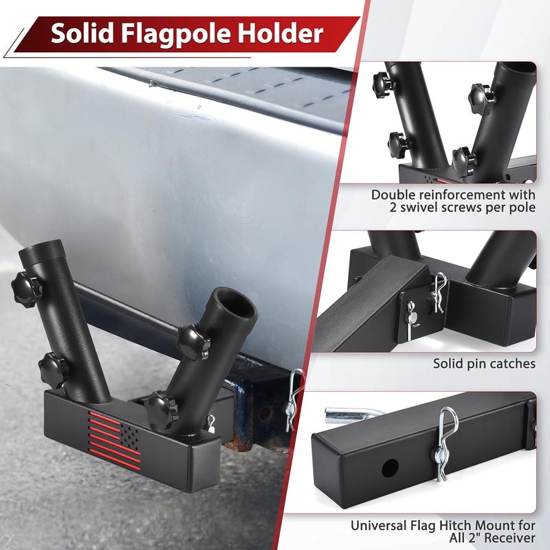 GADFISH Trailer Hitch Flagpole Mount, 2 Mounting Options US Flag Hitch Mount, Universal Flag Hitch Mount for All 2" Receiver, Trailer Hitch Flag Pole Holder for Driving, Black (for 2 Flagpoles) - Image 3